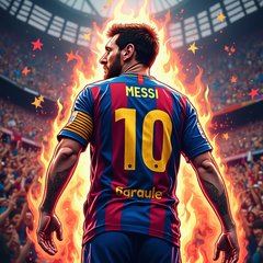 Pop culture style Lionel Messi depicted as a legendary figure with fans
