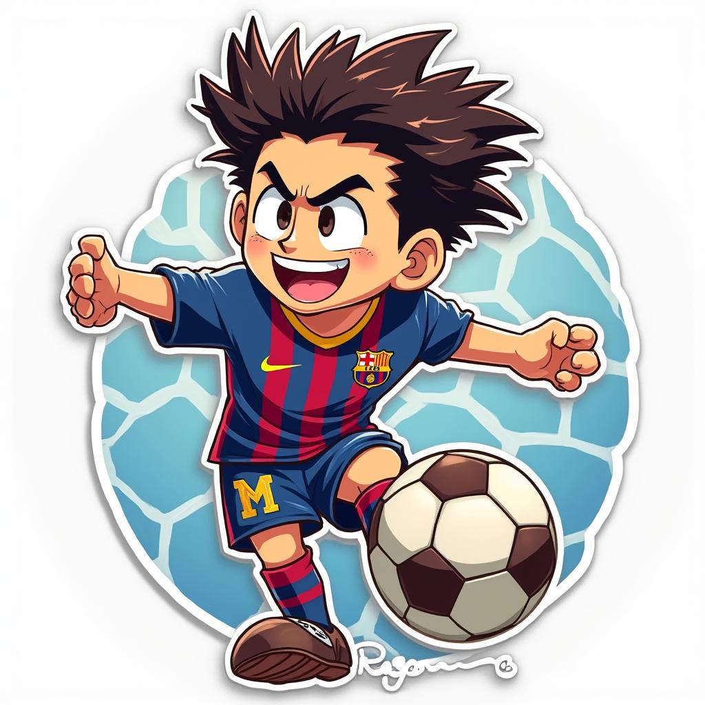 Anime style Lionel Messi with heroic pose ready to shoot a soccer ball