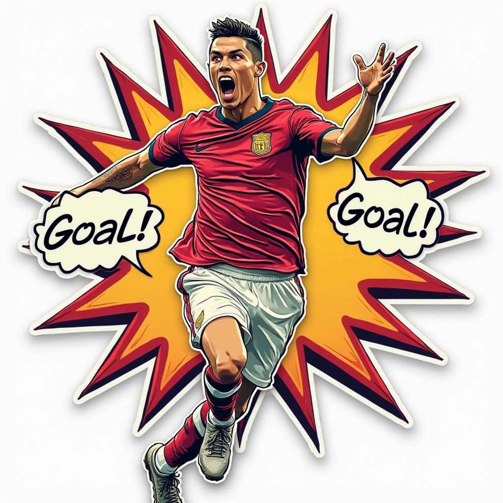 Comic book style Cristiano Ronaldo celebrating with a speech bubble