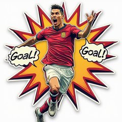 Comic book style Cristiano Ronaldo celebrating with a speech bubble