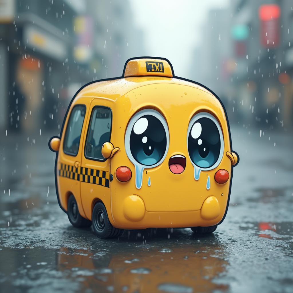 Kawaii taxi with tears sitting alone on a rainy street