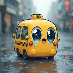 Kawaii taxi with tears sitting alone on a rainy street