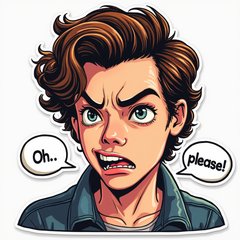 Comic book Harry Styles rolling eyes with speech bubble 'Oh, please!'