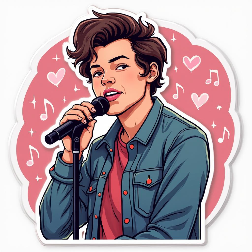 Harry Styles serenading with microphone and colorful hearts