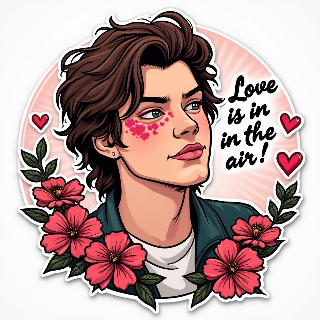 Comic book Harry Styles with heart eyes and 'Love is in the air!' text