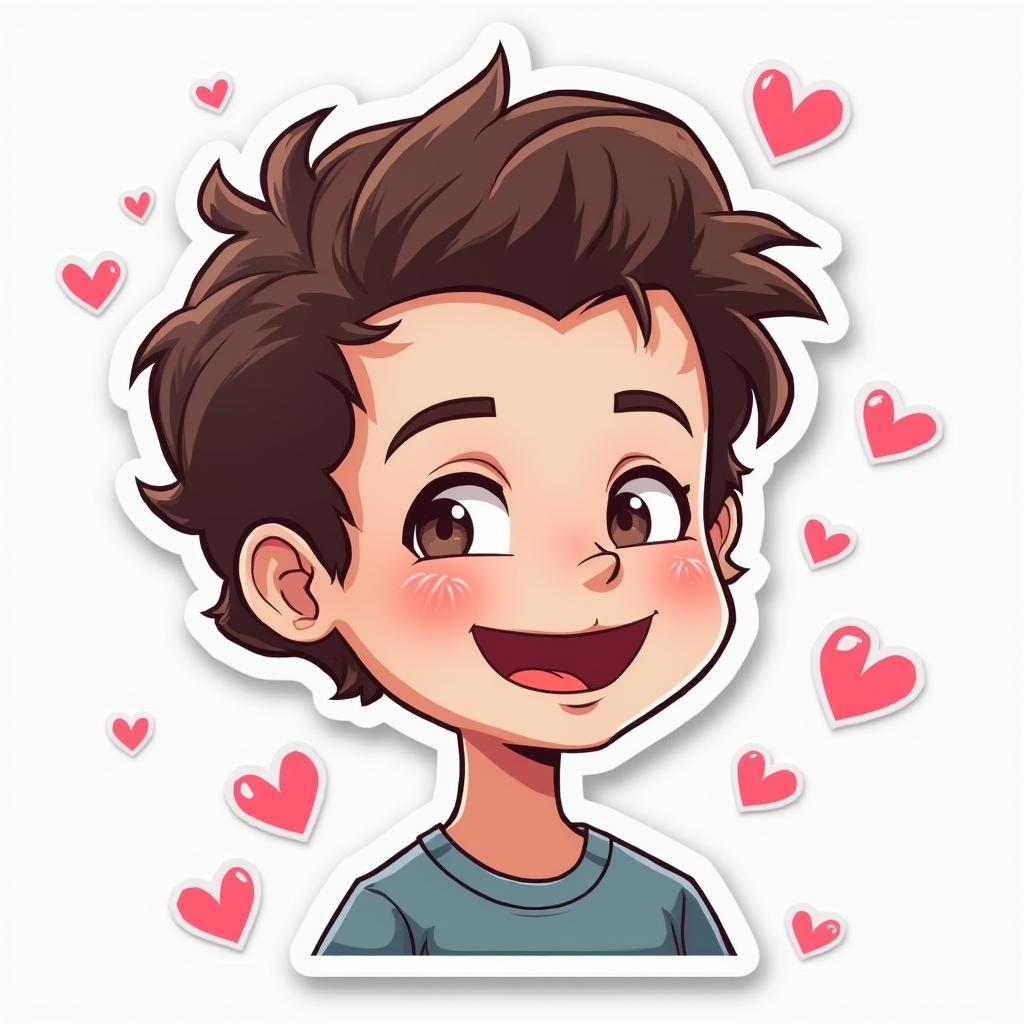 Doodle sticker of Harry Styles smiling with whimsical hearts around