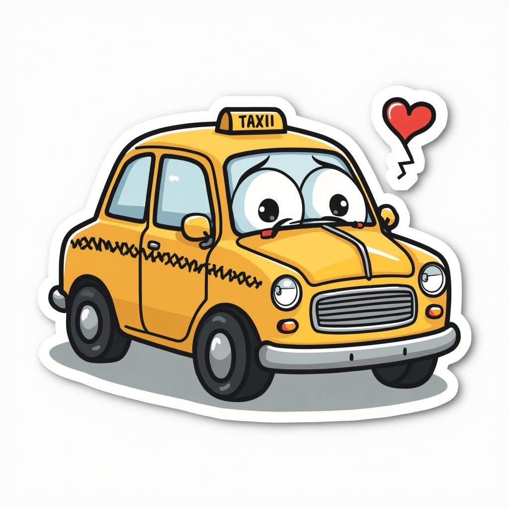 Doodle-style taxi looking sad with broken heart