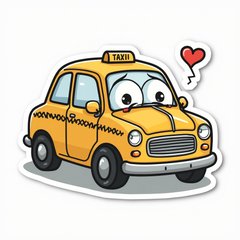 Doodle-style taxi looking sad with broken heart