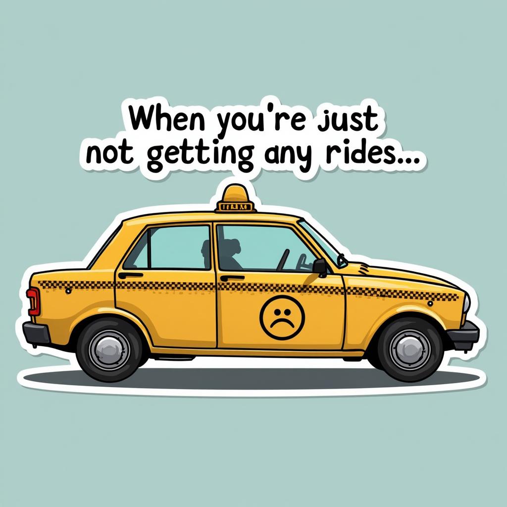 Meme-style taxi with sad face and caption about not getting rides