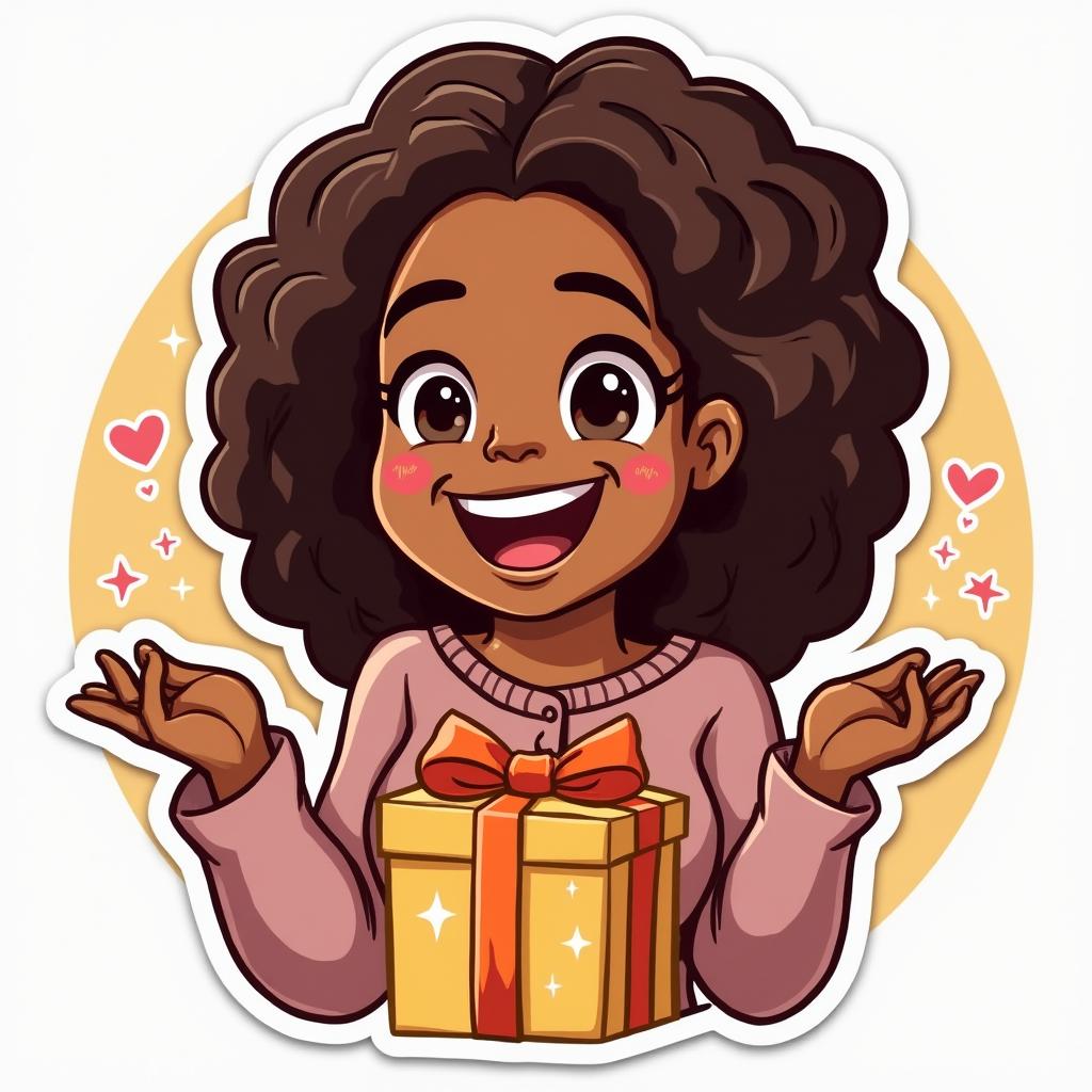 Emoji-style Oprah Winfrey presenting gifts with sparkles