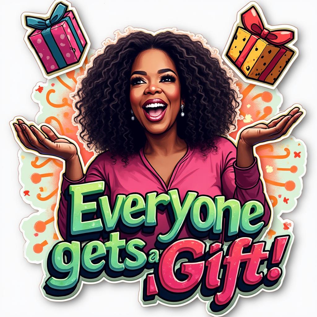 Graffiti sticker of Oprah Winfrey throwing gifts with 'Everyone gets a gift!'