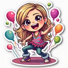 Cartoon Miley Cyrus dancing joyfully at a party