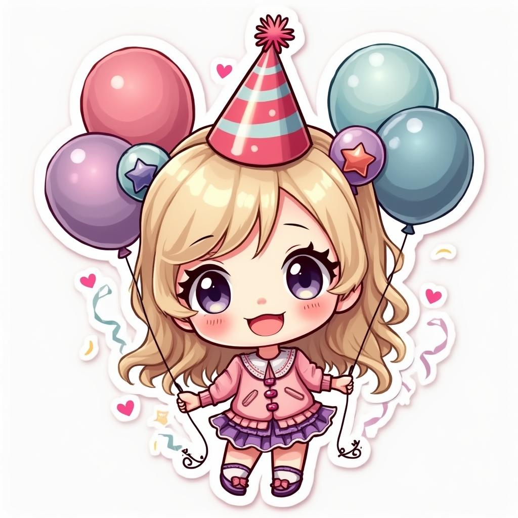 Kawaii chibi Miley Cyrus in a party hat with balloons and streamers