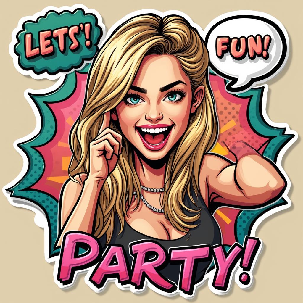 Comic book style Miley Cyrus striking a fun pose at a party