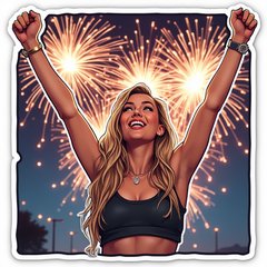 Miley Cyrus celebrating a victory with arms raised and fireworks