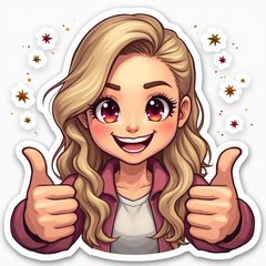 Emoji-style Miley Cyrus giving a thumbs up with stars and confetti