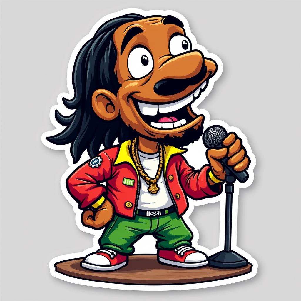Cartoon Snoop Dogg character smiling with a microphone on stage