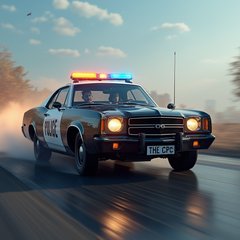 3D rendered police car in a chase with dynamic lighting