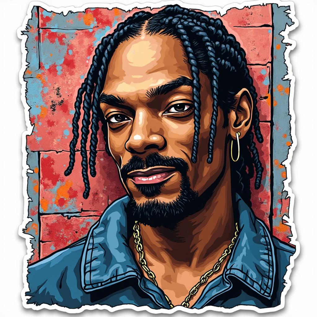 Graffiti-style sticker of Snoop Dogg with colorful urban art