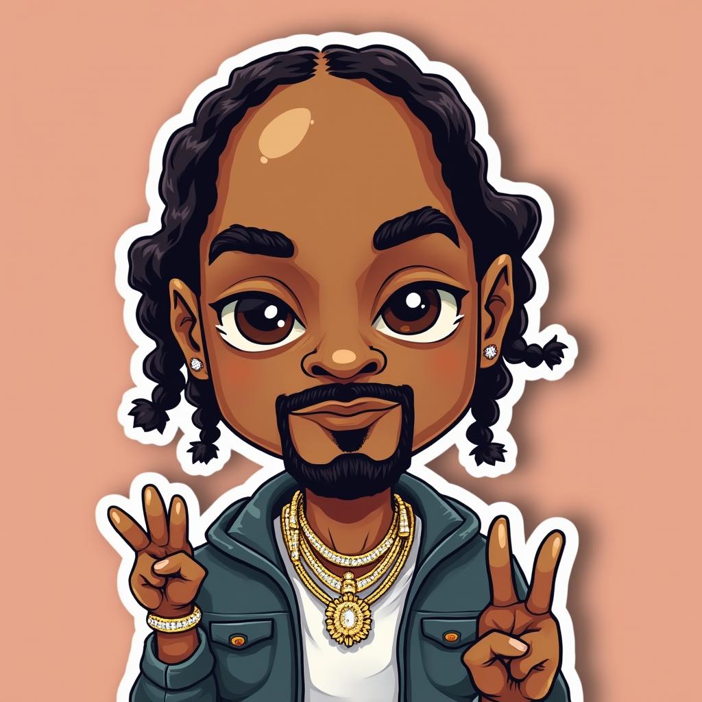 Chibi Snoop Dogg character with oversized head and peace sign