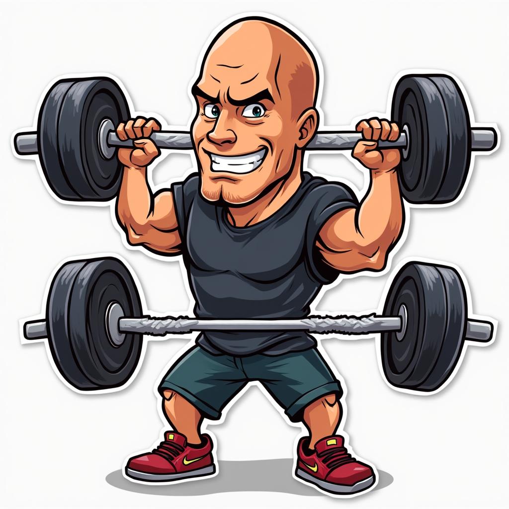 Cartoon Dwayne Johnson lifting weights with sweat and a determined look