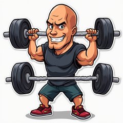 Cartoon Dwayne Johnson lifting weights with sweat and a determined look