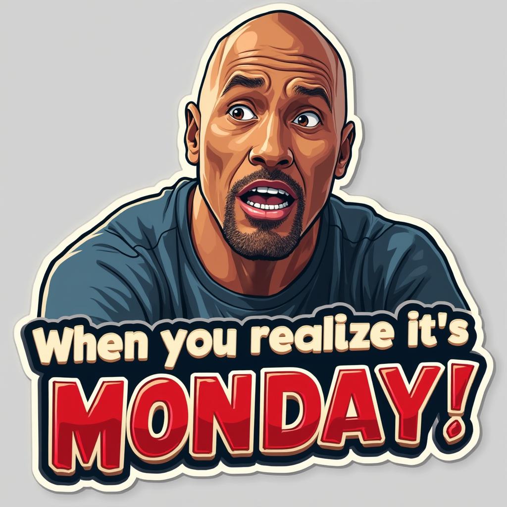 Meme sticker of Dwayne Johnson surprised with text about Monday