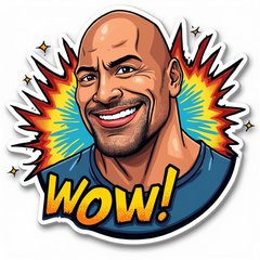 Comic book Dwayne Johnson grinning with action words around him