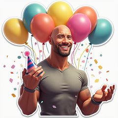 3D rendered Dwayne Johnson with a party hat and confetti