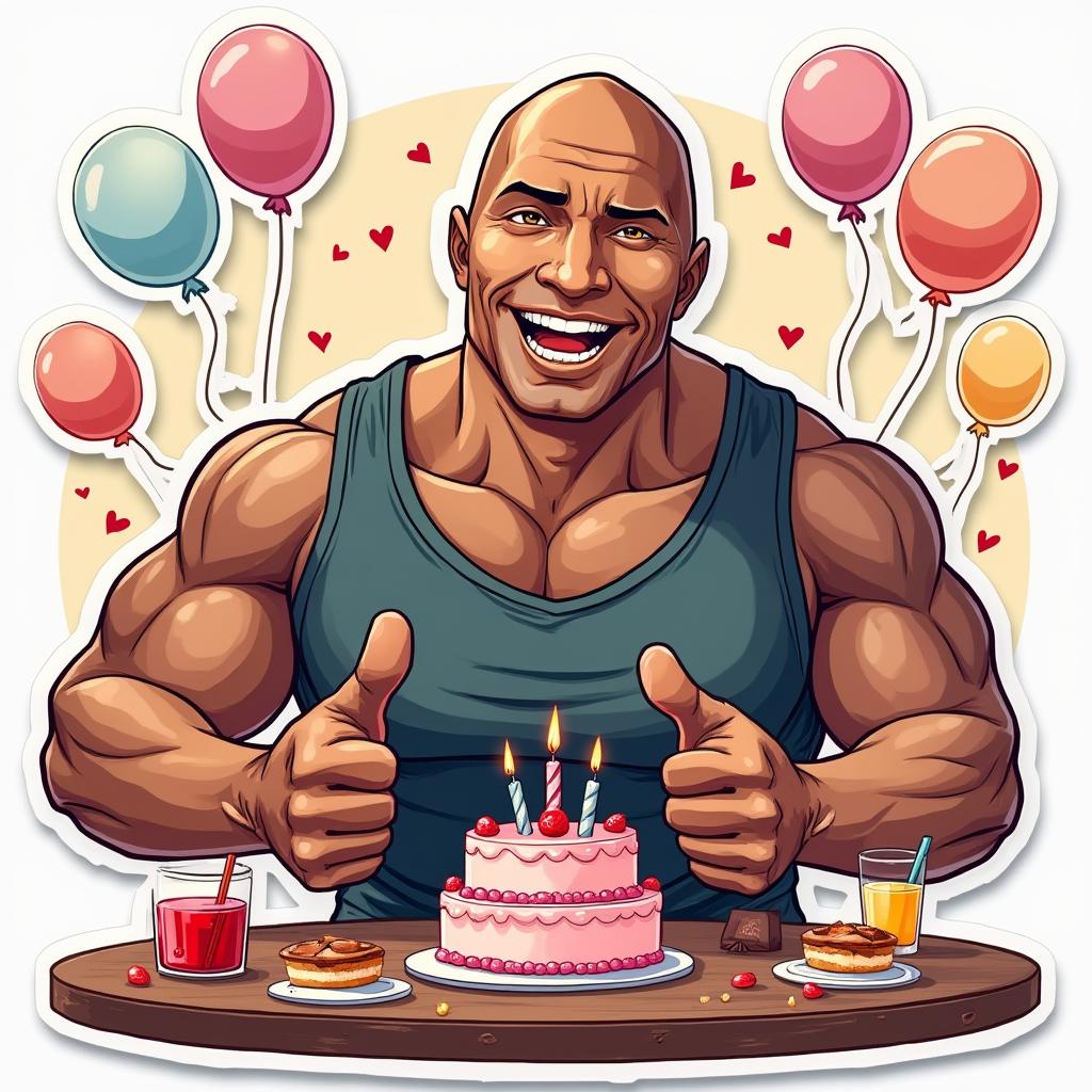 Cartoon Dwayne Johnson at a party table with cakes and drinks