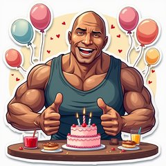 Cartoon Dwayne Johnson at a party table with cakes and drinks