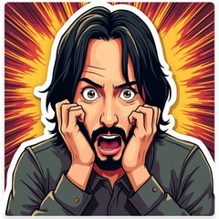 Cartoon Keanu Reeves with astonished face and explosion background