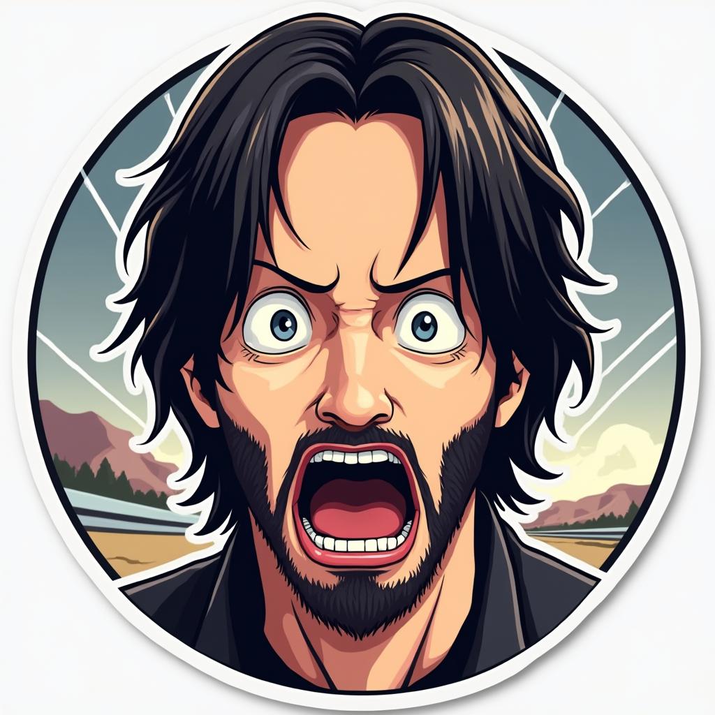 Anime-style Keanu Reeves with shocked expression and speed lines