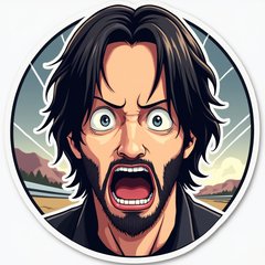 Anime-style Keanu Reeves with shocked expression and speed lines