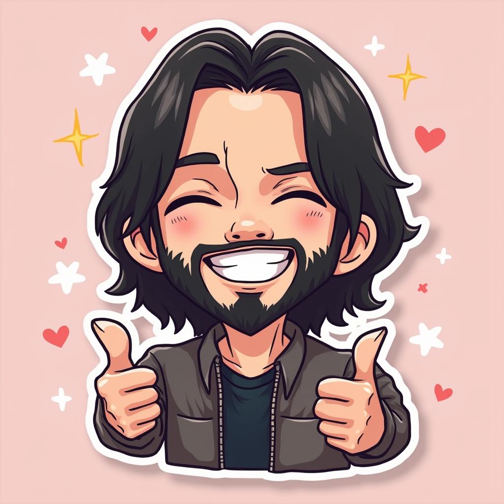 Chibi Keanu Reeves joyfully giving a thumbs up