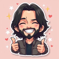 Chibi Keanu Reeves joyfully giving a thumbs up