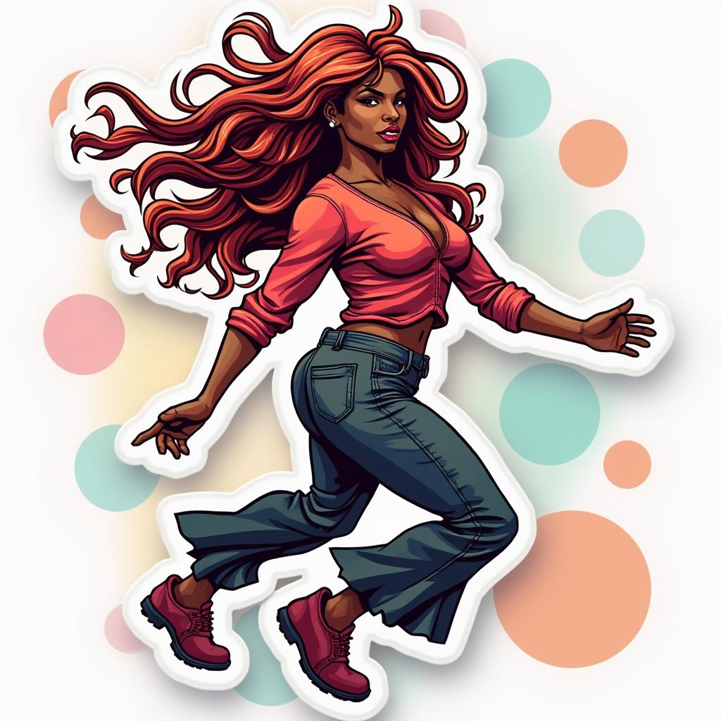 3D rendered sticker of Tina Turner dancing with flowing hair and colorful background