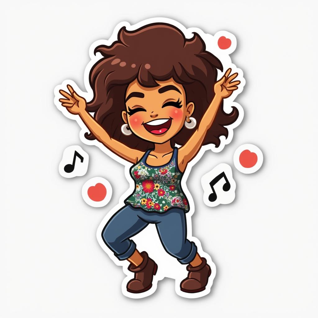 Emoji-style sticker of Tina Turner dancing with arms raised and musical notes