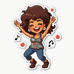 Emoji-style sticker of Tina Turner dancing with arms raised and musical notes