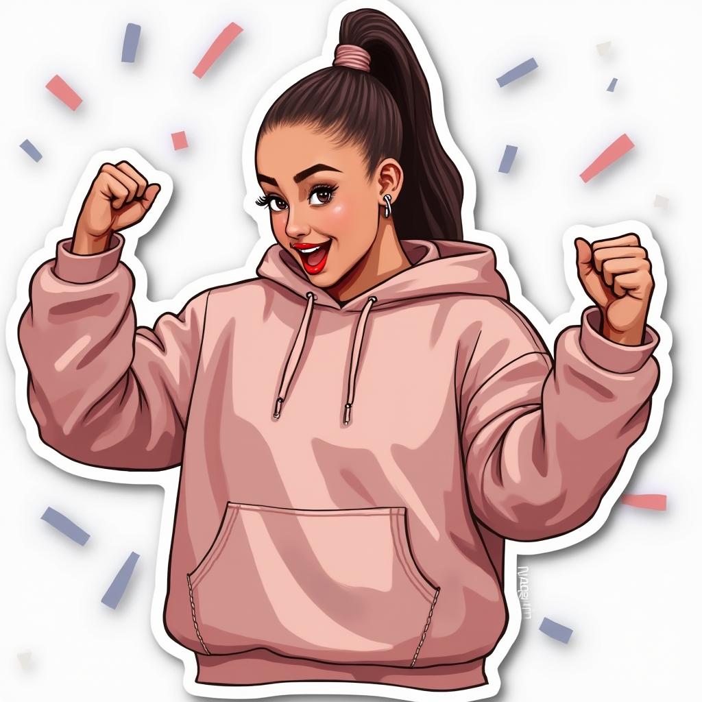 Ariana Grande in a victorious pose with confetti, wearing a hoodie
