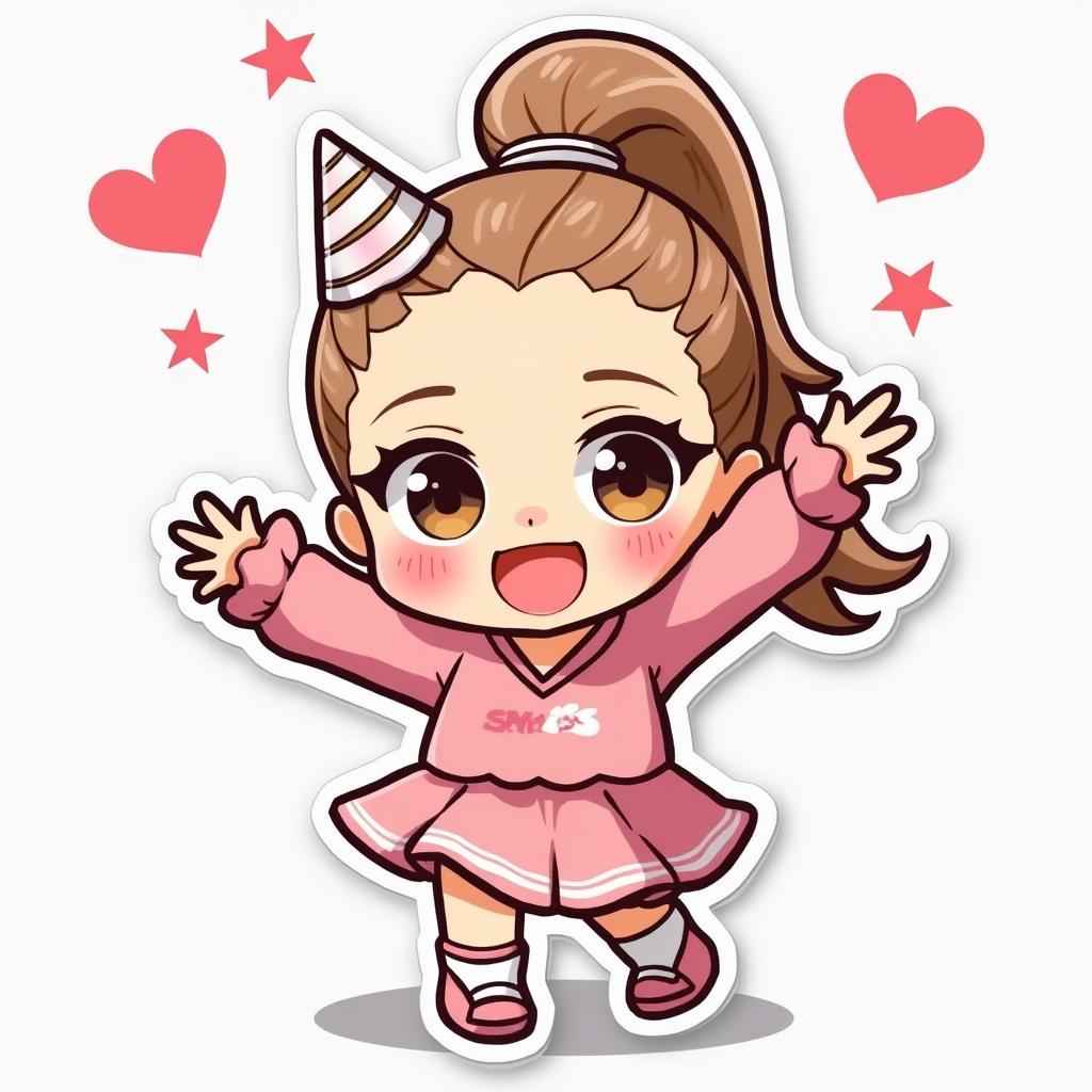 Kawaii chibi Ariana Grande celebrating with stars and hearts