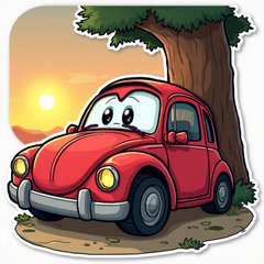 Cartoon tired red car slumped against a tree with sunset