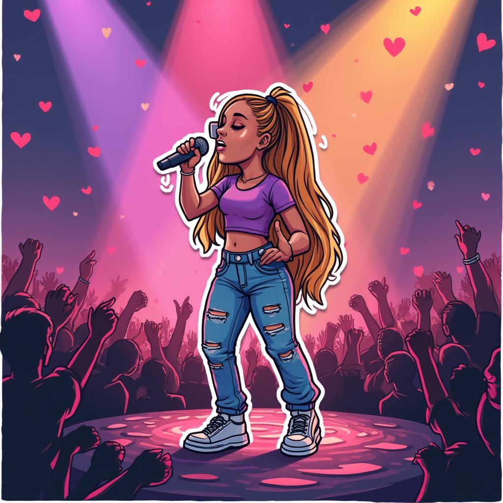 Cartoon Ariana Grande singing on stage with fans cheering