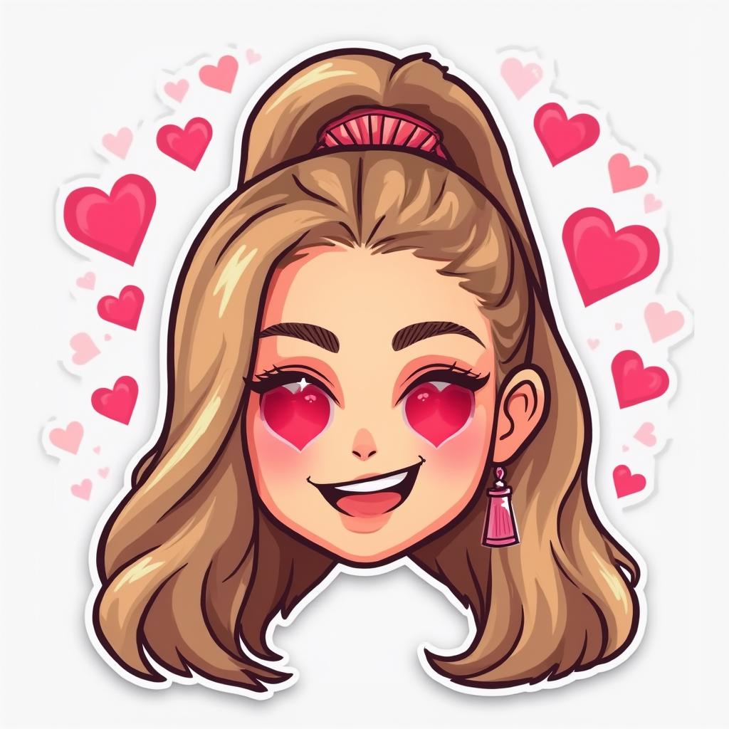 Emoji-style Ariana Grande with heart-shaped eyes and floating hearts