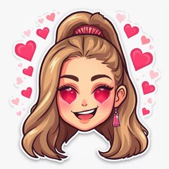 Emoji-style Ariana Grande with heart-shaped eyes and floating hearts