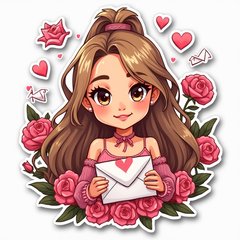 Cartoon Ariana Grande surrounded by love letters and roses