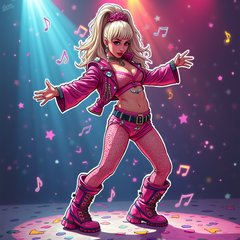 Lady Gaga dancing in a bright outfit with musical notes and lights around her