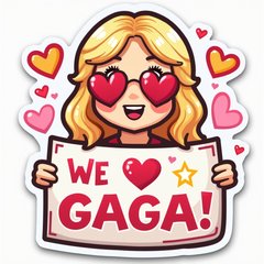 Emoji-style fan with heart eyes holding a sign that says 'We love Gaga!'