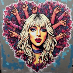 Graffiti mural of Lady Gaga with fans dancing in vibrant colors