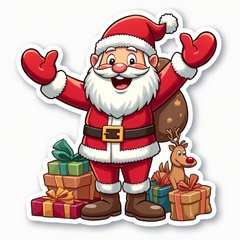 Cartoon Santa waving with gifts and a playful reindeer